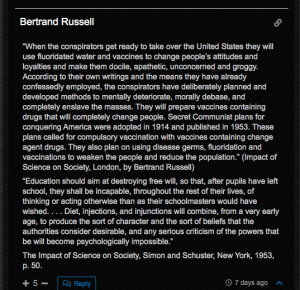 Betrand Russell Vaccines will be used for control and destruction